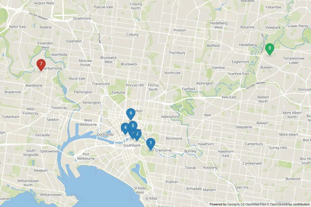 Kaart van Melbourne bezienswaardigheden — 8 POI's in 3 cluster(s); dagtochten in de tabel