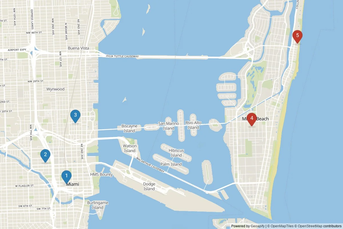 Kaart van Miami bezienswaardigheden — 5 POI's in 2 cluster(s); dagtochten in de tabel