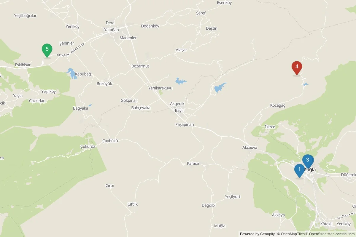 Kaart van Muğla bezienswaardigheden — 5 POI's in 3 cluster(s); dagtochten in de tabel