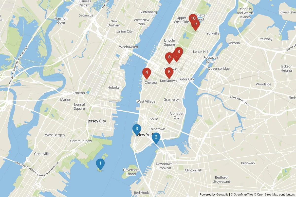 Kaart van New York-stad bezienswaardigheden — 10 POI's in 2 cluster(s); dagtochten in de tabel