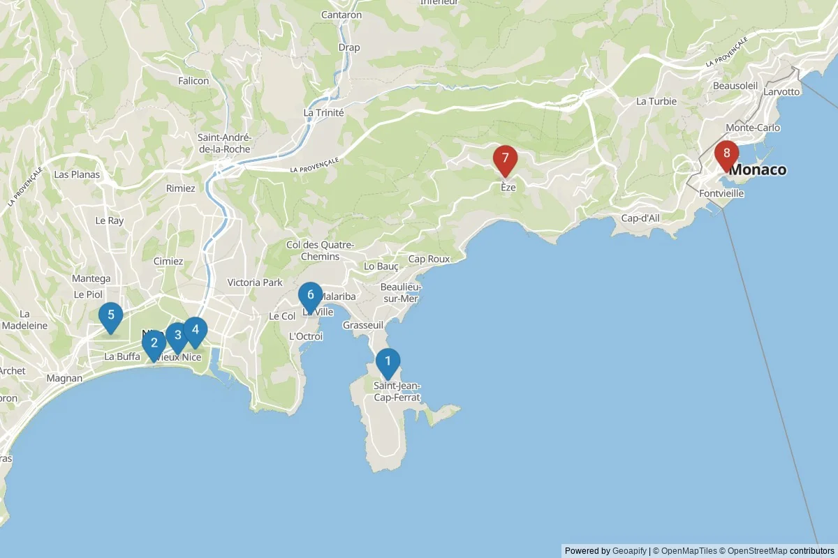 Kaart van Nice bezienswaardigheden — 8 POI's in 2 cluster(s); dagtochten in de tabel