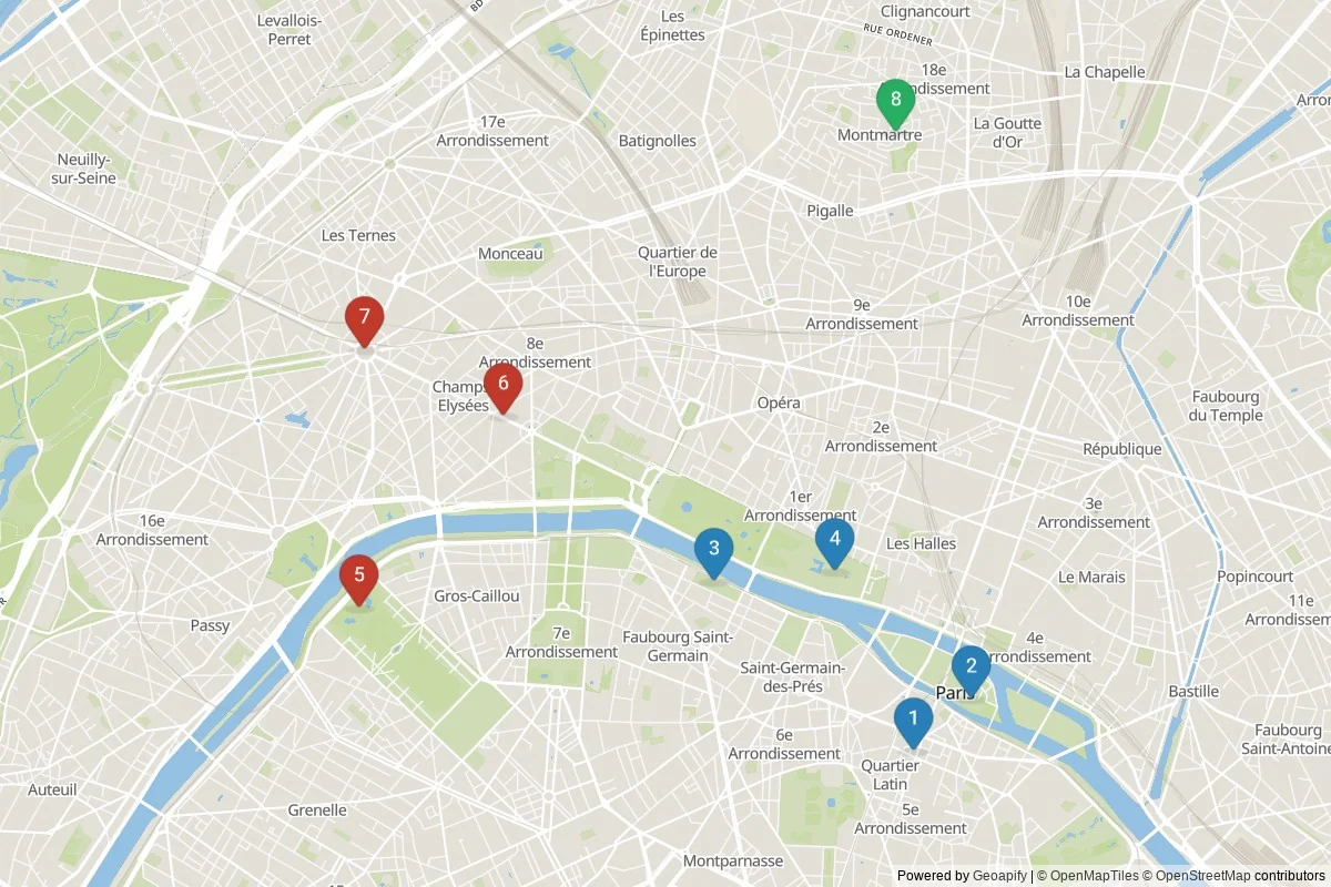 Kaart van Parijs bezienswaardigheden — 8 POI's in 3 cluster(s); dagtochten in de tabel