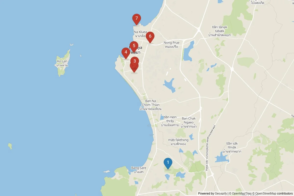 Kaart van Pattaya bezienswaardigheden — 7 POI's in 2 cluster(s); dagtochten in de tabel