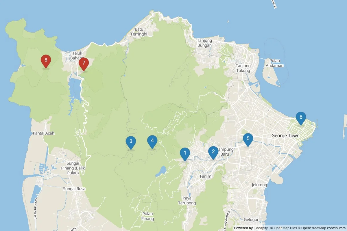 Kaart van Penang bezienswaardigheden — 8 POI's in 2 cluster(s); dagtochten in de tabel
