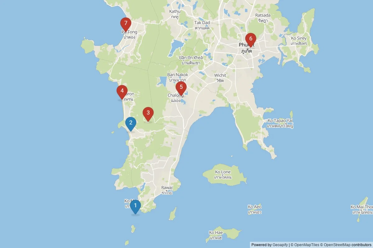 Kaart van Phuket bezienswaardigheden — 7 POI's in 2 cluster(s); dagtochten in de tabel