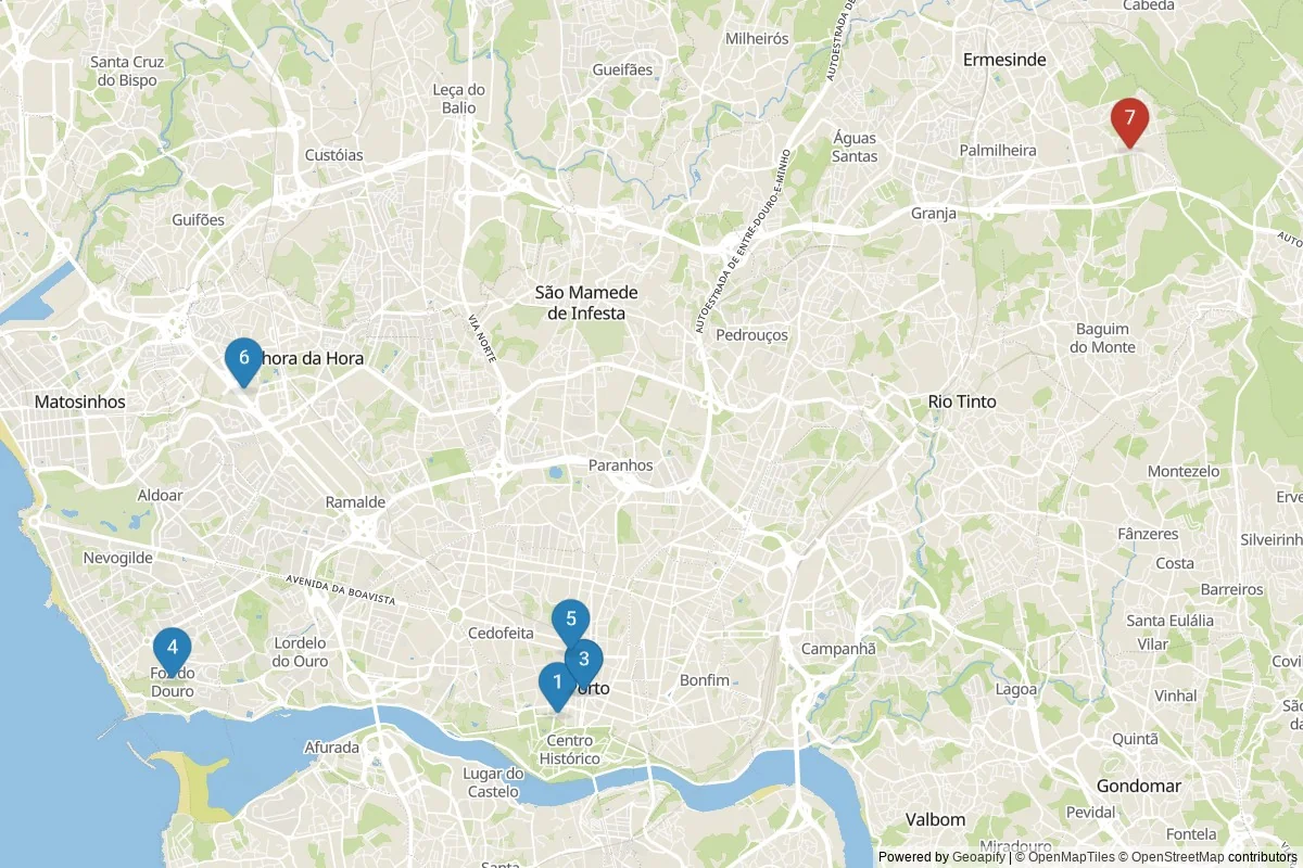 Kaart van Porto bezienswaardigheden — 7 POI's in 2 cluster(s); dagtochten in de tabel