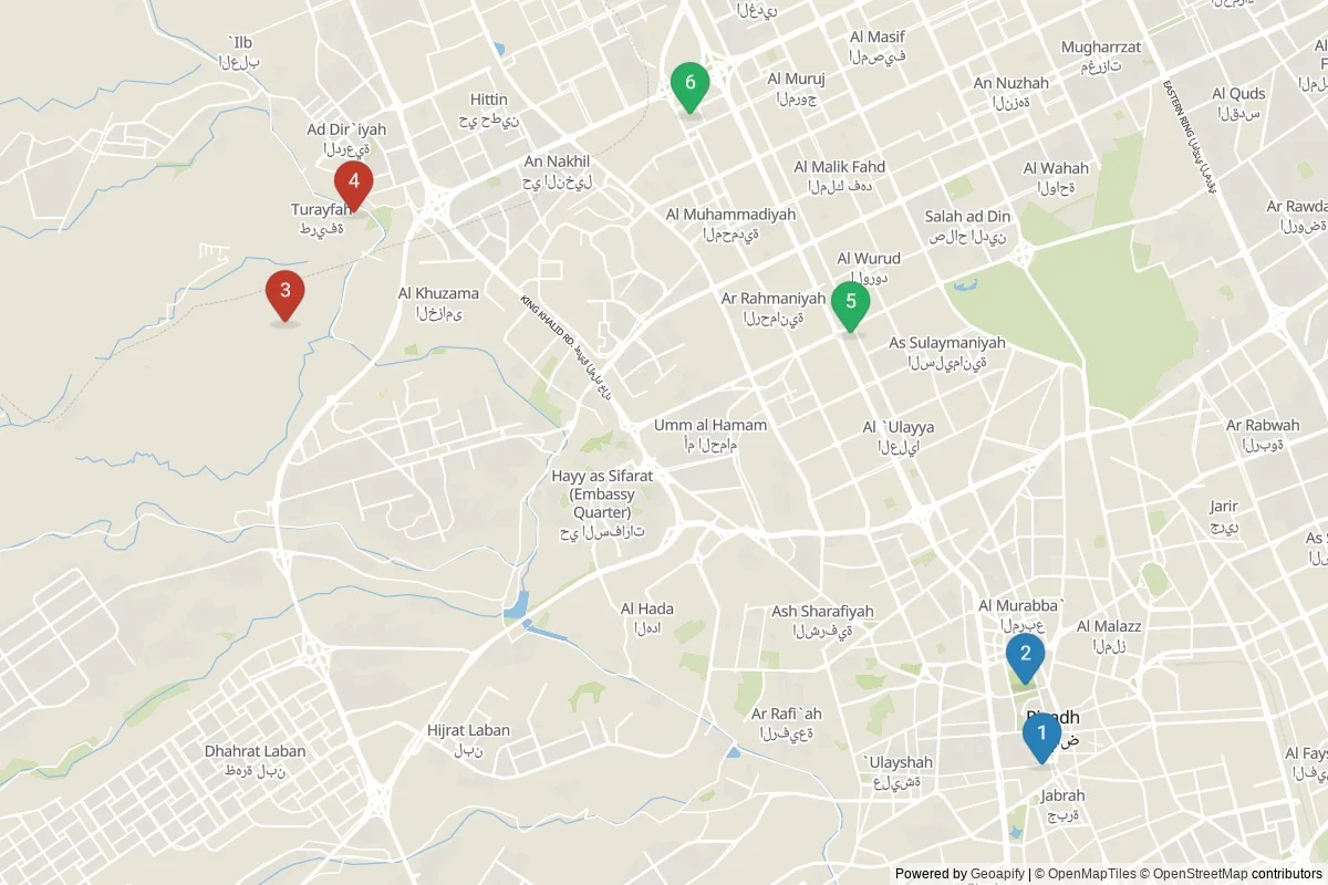Kaart van Riyad bezienswaardigheden — 6 POI's in 3 cluster(s); dagtochten in de tabel