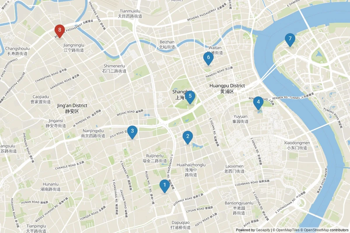 Kaart van Shanghai bezienswaardigheden — 8 POI's in 2 cluster(s); dagtochten in de tabel