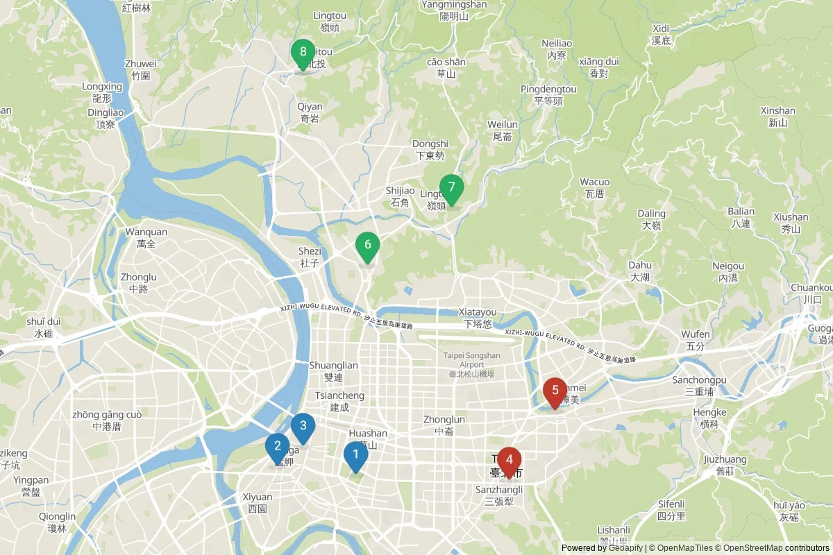 Kaart van Taipei bezienswaardigheden — 8 POI's in 3 cluster(s); dagtochten in de tabel