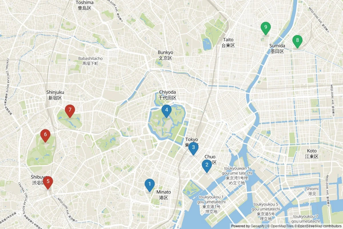 Kaart van Tokio bezienswaardigheden — 9 POI's in 3 cluster(s); dagtochten in de tabel