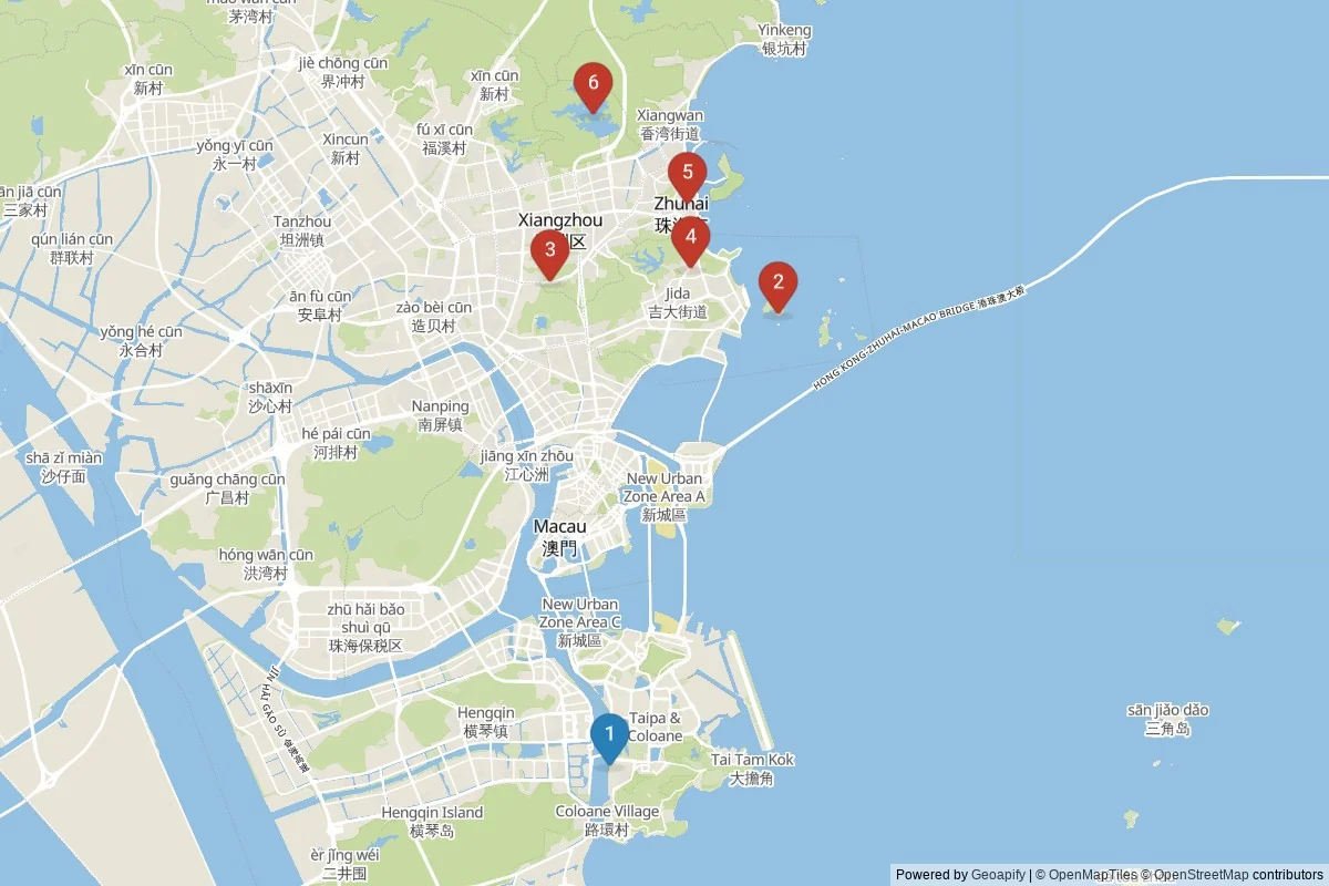 Kaart van Zhuhai bezienswaardigheden — 6 POI's in 2 cluster(s); dagtochten in de tabel