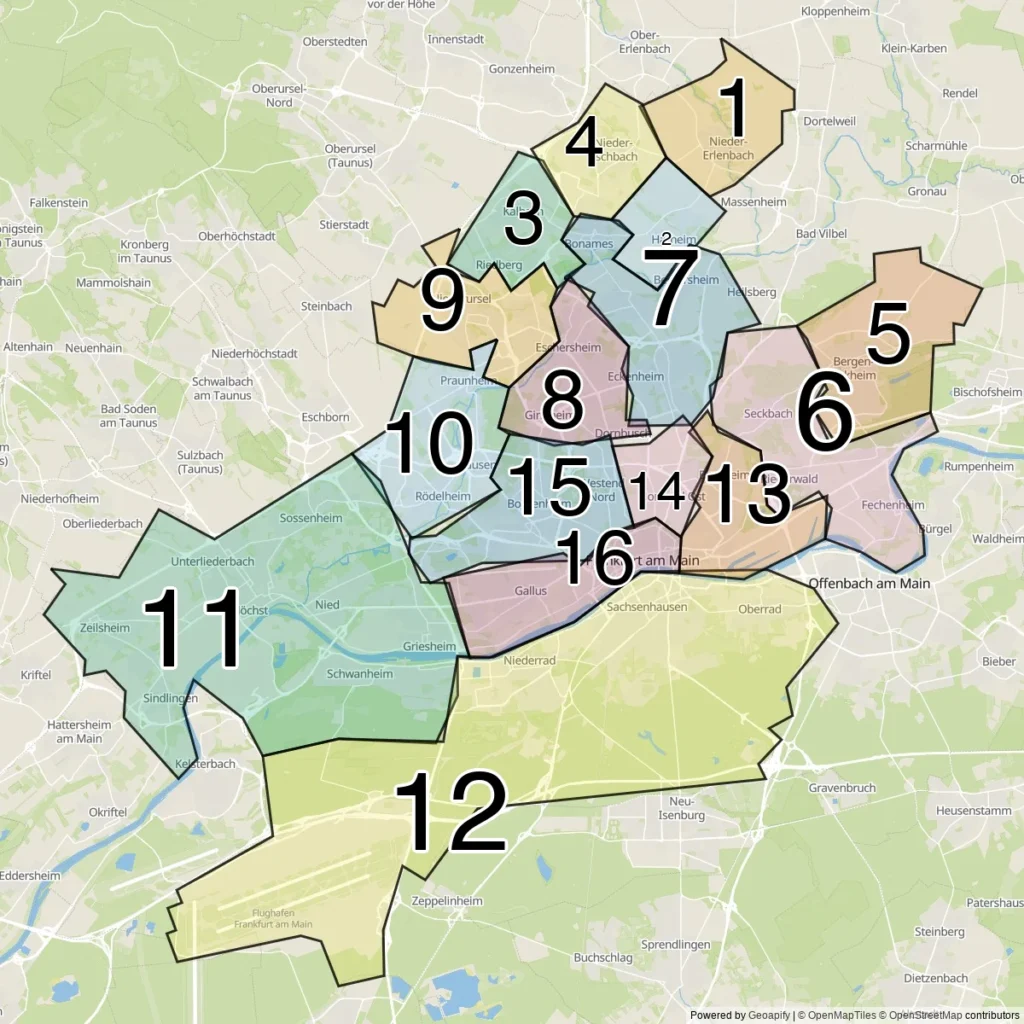 Kaart van de 16 stadsdelen (Stadtteile) van Frankfurt am Main
