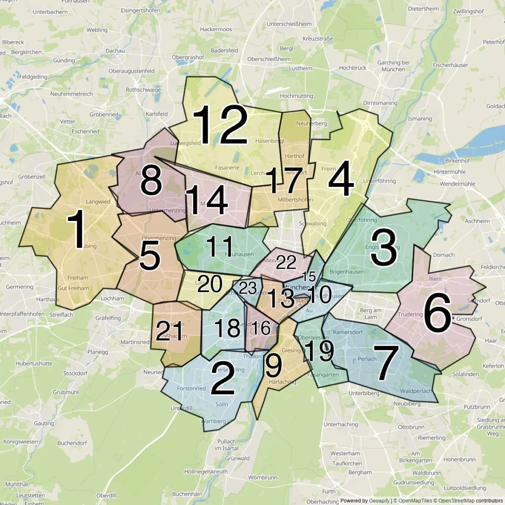 Kaart van de 25 stadsdelen (Stadtbezirke) van München