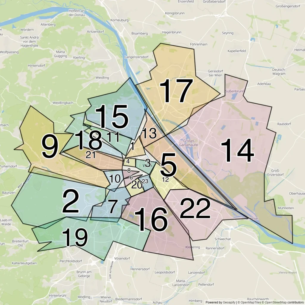 Kaart van de 23 districten van Wenen met administratieve grenzen (OSM)
