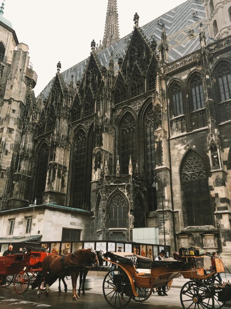 De Stephansdom in Wenen met zijn gotische gevel en wachtende paardenkoetsen (Fiaker) ervoor